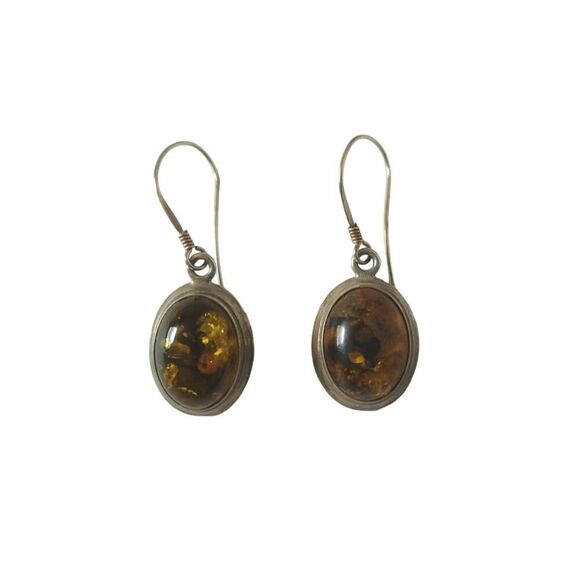 Vintage Signed V-8 Oval Cut Green Amber Dangle Earrings Sterling Silver 925 Hook